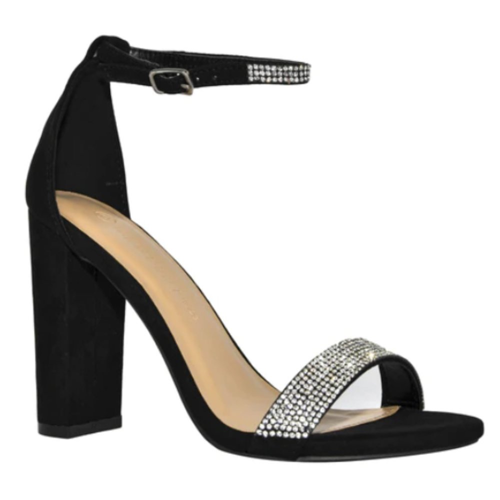Women's Rhinestone Ankle Strap Block Heel Sandals - Black SZ 10